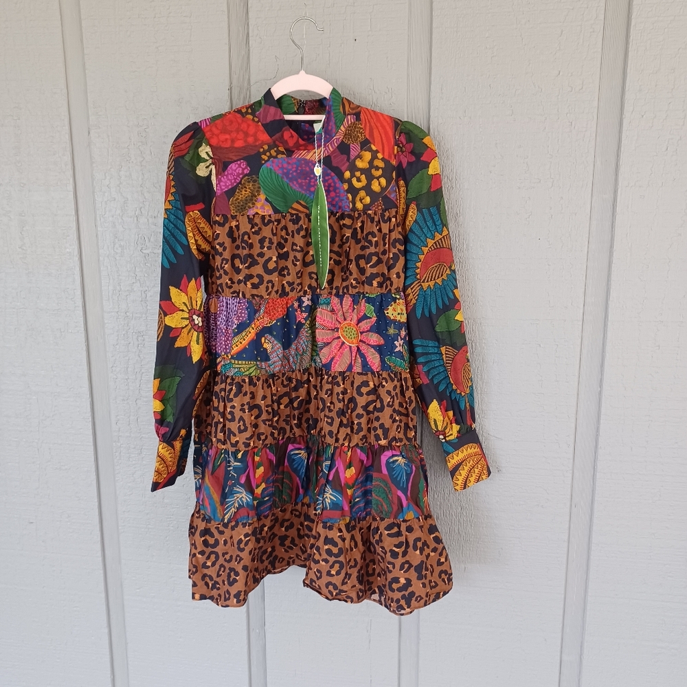 Farm Rio Mixed Black Print Mini Dress Size S Women Cotton Floral Leopard Tiered - Picture 1 of 14